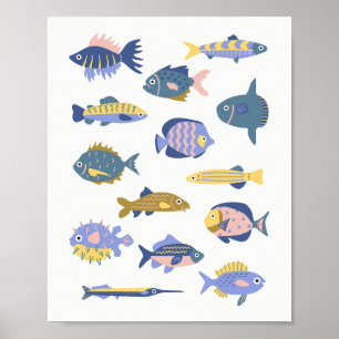 Collectie van handgetekende schattige vissen kinde poster