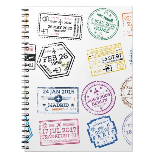 Collectie van paspoortzegels, geïsoleerd op wit. V Notitieboek (Voorkant)