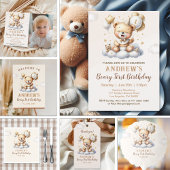 Invitation 1st Birthday Teddy Bear with Brown Balloons