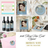 Assiettes En Carton 90ème Floral Blue Gold Elegant Photo Anniversaire