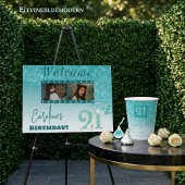 Modern Falling Teal Blue Glitter 21st Birthday Cadeaulabel