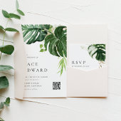 Invitation Code QR de mariage tropical Monstera aquarelle