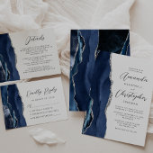 Marine Blauw Zilveren Agaat Modern Script Wedding Menu