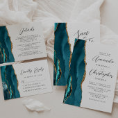 Cartons Réponse Mariage Moderne Agate Bleu Sarcelle Or Script