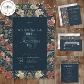 Invitation Art Nouveau Blue William Morris Floral Wedding