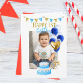 Invitation Première année de bébé garçon ballons bleus et or 
