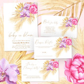 Invitation Bébé en fleur Pampas herbe Boho Baby shower rose