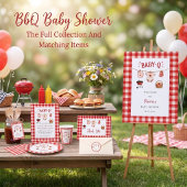 Sticker Rond Baby Shower BBQ Rustique Gingham Rouge