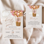 Schattige Beer, roze ballonnen, eerste verjaardag All In One Uitnodiging