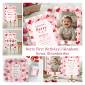 Berry First Birthday Strawberry Red Gingham Bows Waterfles Etiket