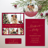 Red Gold Script Familiefoto Vrolijk Kerstfeest Glas Ornament