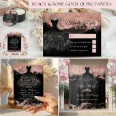 Carte De Placement Black & Rose Gold Princess Quinceañera
