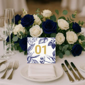 Numéro de table de mariage bleu et or botanique