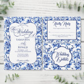 Invitation Blue & White w Calligraphie Floral Toile Mariage (Personnalisez la collection de ce créateur indépendant.)