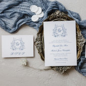 Carte De Placement Cimier Floral Bleu Monogramme Mariage élégant