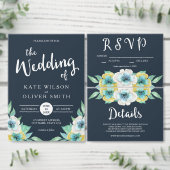 Blauwe Waterverf Bloemen Bruiloft Details Kaart (Personaliseer de collectie van deze zelfstandige maker.)