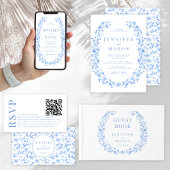 Blauwe hand getrokken folk bloemenbruiloft uitnodi kaart