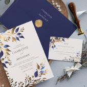 Elegant groen blad blauw goud bruiloft informatiekaartje