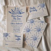 Blauw Hier komt het met de hand getekende Baby sho Cadeaulabel