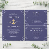 Invitation Ancre d'or nautique rayures Mariage bleu marine (Personnalisez la collection de ce créateur indépendant.)