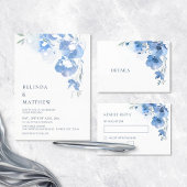 Blue Watercolor Flowers White Silver Folie Uitnodiging