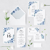 stoffige blauwe bruiloft bloemen RSVP kaart