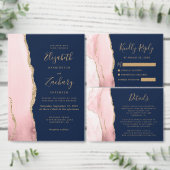 Invitation Rose Pâle Or Agate Bleu Nuit Code QR Mariage (Personnalisez la collection de ce créateur indépendant.)