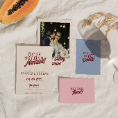 Retro Pink Deep Red Modern Unique Photo Wedding Save The Date