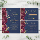 Invitation Mariage bleu marine or floral bordeaux script (Personnalisez la collection de ce créateur indépendant.)