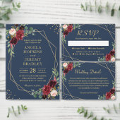 Invitation Tout En Un Mariage géométrique bleu or de la marine russe (Personnalisez la collection de ce créateur indépendant.)