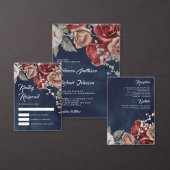 Carte D'accompagnement Burgundy Red Floral QR Code RSVP Navy Blue Wedding (Personnalisez la collection de ce créateur indépendant.)