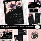 Elegant Modern Blush Roze Zwart Bloemen Bruiloft Kaart