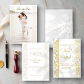 Chic Ecru Scrollwork Photo Wedding Save the Date