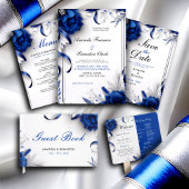 Cartons Réponse Mariage Chic Bleu Nuit & Fleurs Argentées Rubans