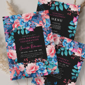 Invitation Aquarelle Floral 30th Birthday Program Menu Noir