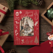 Christmas Photo Hand Drawn Red Holiday Foil Card Folie Feestdagenkaart