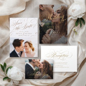 Carte Postale D'invitation À Feuilles D'aluminium Soirée de mariage classique et élégante or