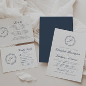 Invitation Indigo Blue Monogram Wreath White Script Mariage