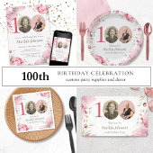 Invitation Elégant rose floral photo 100e fête d'anniversaire