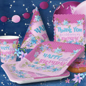Assiettes En Carton Joyeux anniversaire Floral rose violet Pois