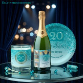 Étiquette Pour Bouteilles De Vin Stylish Falling Teal Blue Glitter 20th Birthday