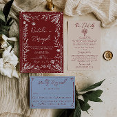 Invitation Classy Deep Red Blue Floral QR Code Photo Wedding