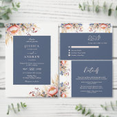 Stoffig Blauw & Blush Roze Bloemen Waterverf bruil RSVP Kaartje (Personaliseer de collectie van deze zelfstandige maker.)