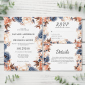 Numéro De Table Mariage d'aquarelle fleurie bleu et terre cuite (Personnalisez la collection de ce créateur indépendant.)