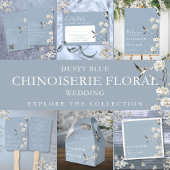 Invitation Dusty Blue Chinoiserie Floral QR Code Mariage