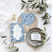 Elegant Blue Script Floral Crest Wedding RSVP