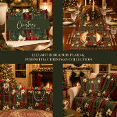 Invitation Noël élégant à carreaux bordeaux et poinsettia