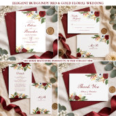 Cartons Réponse Mariage Floral Monogramme Script Or et Rouge Bourg