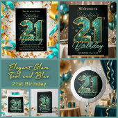 Carte Élégant Chimmering Turquoise et Gold 21ème anniver