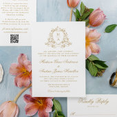 Invitation Élégant or Floral Crest Monogram Mariage